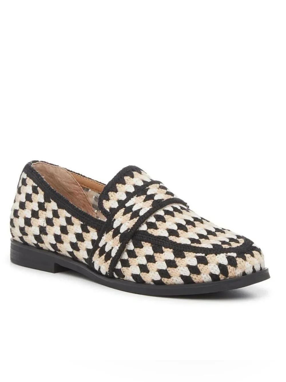 Kelly & Katie BALAC Slip On Loafer In Black White Beige Geometric Check Textile